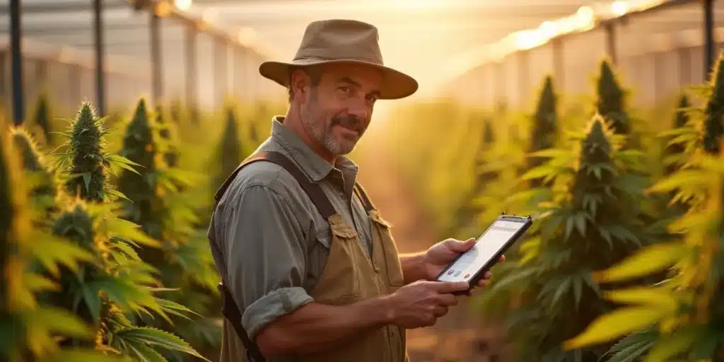 A cannabis farmer monitoring plant growth in a greenhouse, ensuring optimal nutrient levels for a healthy and productive harvest.
