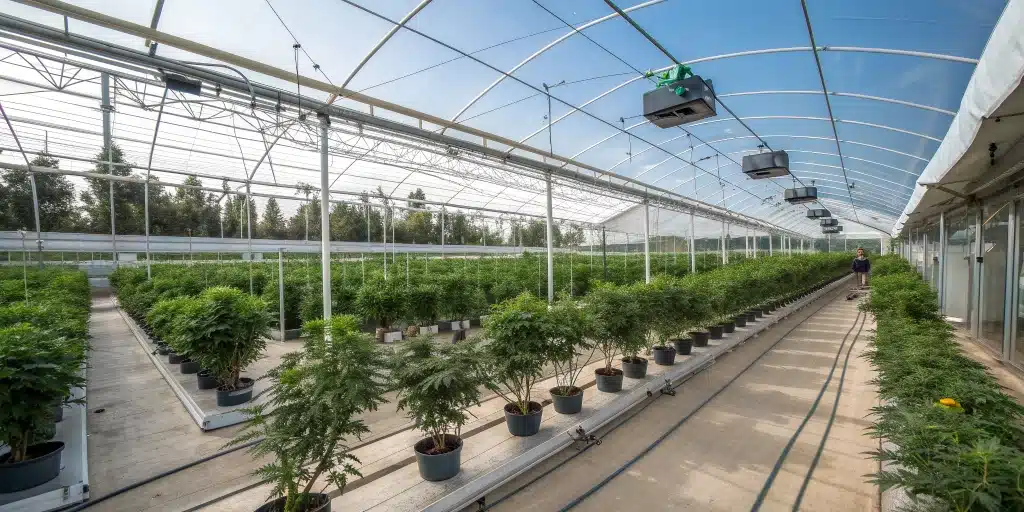 A vibrant greenhouse best outdoor grow setup with thriving cannabis plants and automated climate control systems.