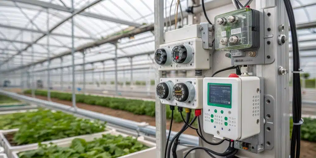 Close-up view of sensors and climate control tools in a greenhouse best outdoor grow setup for cannabis.