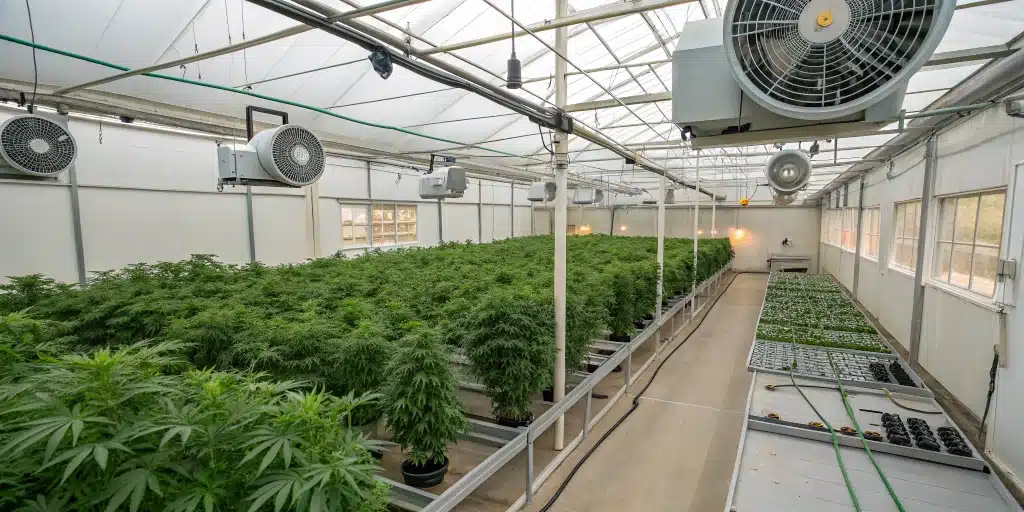 Schematic diagram of a greenhouse best outdoor grow setup, illustrating the efficient layout for cannabis cultivation.