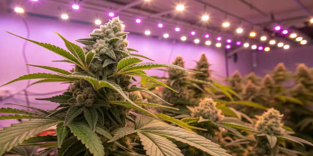 Indoor cannabis grow room featuring BC God Bud Regular Strain plants under bright LED grow lights, with dense buds covered in trichomes