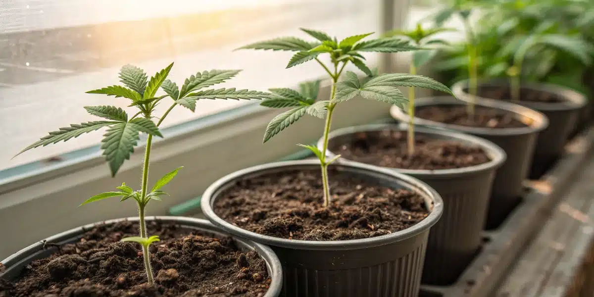 Young Birthday Cake Weed Strain seedlings growing indoors in black pots, placed near a sunlit window with healthy green leaves