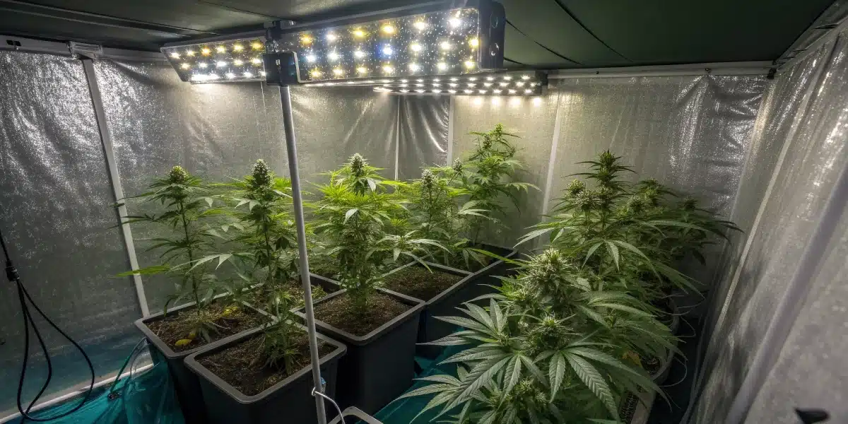 Indoor cannabis grow tent with mature Black Domina Afghan Kush plants under bright LED lights, housed in large black containers