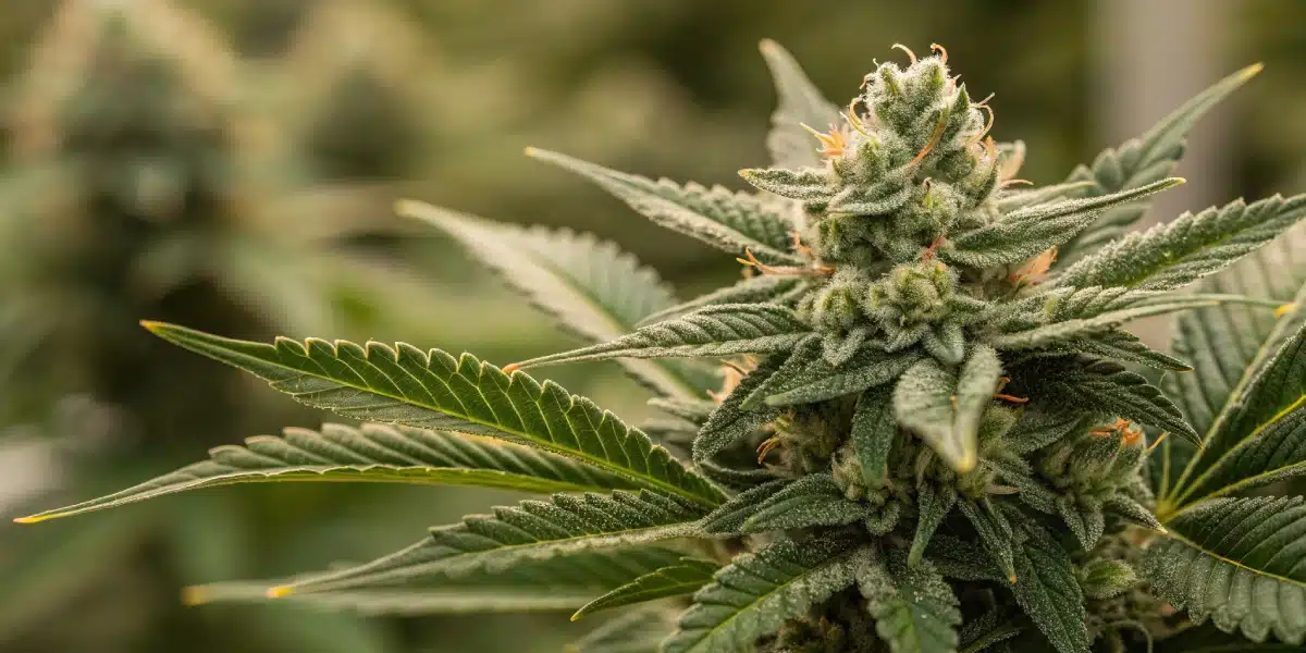 Close-up of a Black Domina Scotts OG bud with dense resin production, bright orange pistils, and frosty sugar leaves in an indoor grow