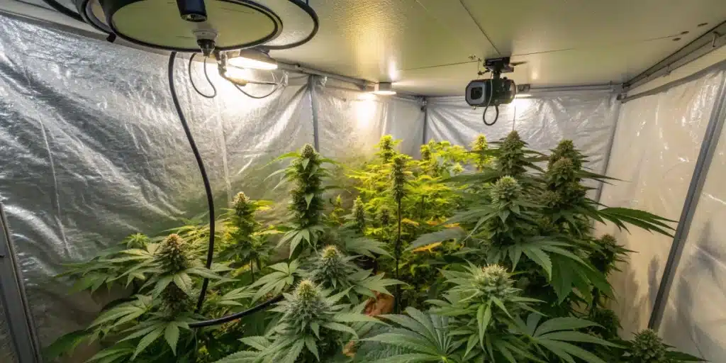 Indoor cannabis grow tent with Blueberry Badazz weed strain in full bloom, showcasing thick, frosty buds, controlled lighting, and ventilation systems