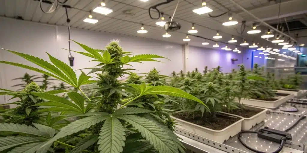 Large indoor cannabis grow facility with rows of plants in white trays under bright overhead lights.