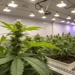 Large indoor cannabis grow facility with rows of plants in white trays under bright overhead lights.