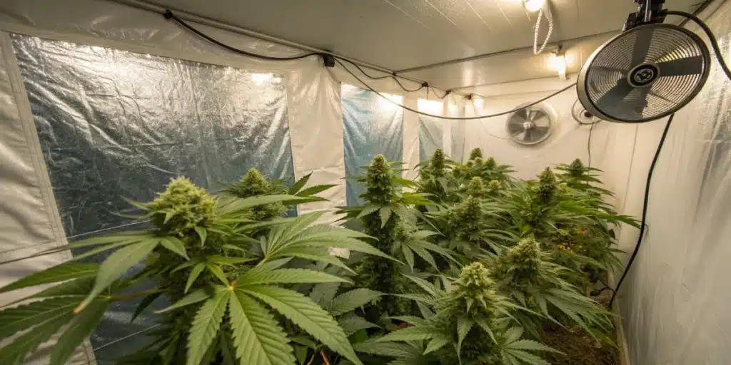 Blueberry Headband Strain growing indoors under controlled lighting, with reflective walls and ventilation fans ensuring optimal air circulation
