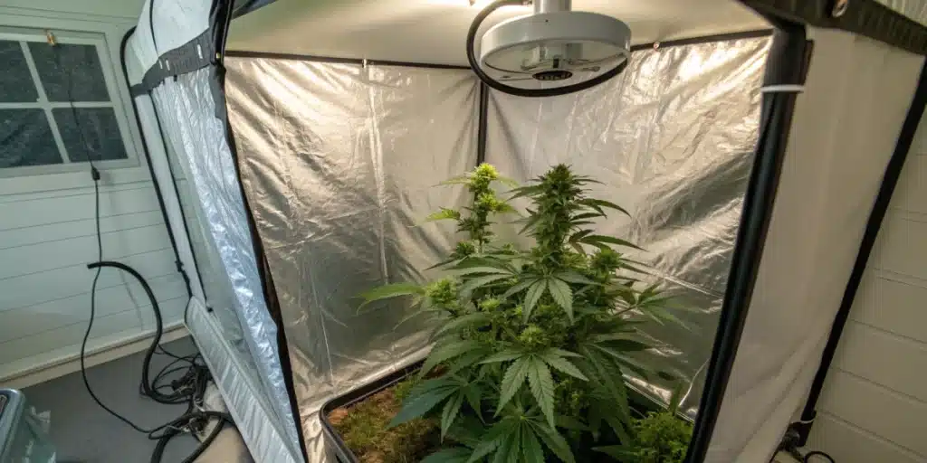 Blueberry Lemon Haze Auto cannabis plant growing in an indoor grow tent with reflective walls, LED lighting, and dense bud formation.