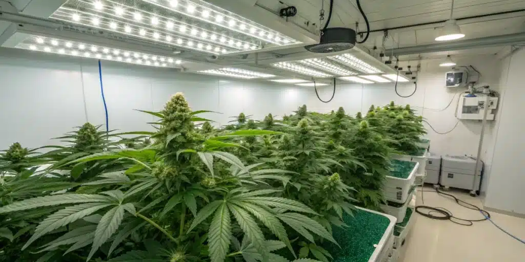 Blueberry OG Kush cannabis plants thriving in a professional indoor grow room with LED lighting, hydroponic containers, and lush green foliage