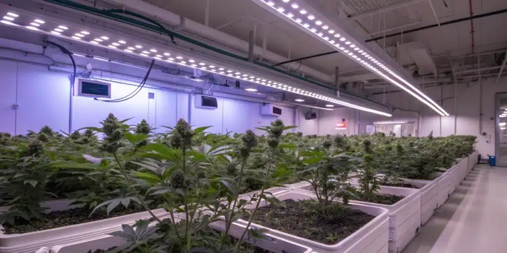 Blueberry Widow cannabis plants growing in a professional indoor facility under LED lights, with vibrant green foliage and resinous buds