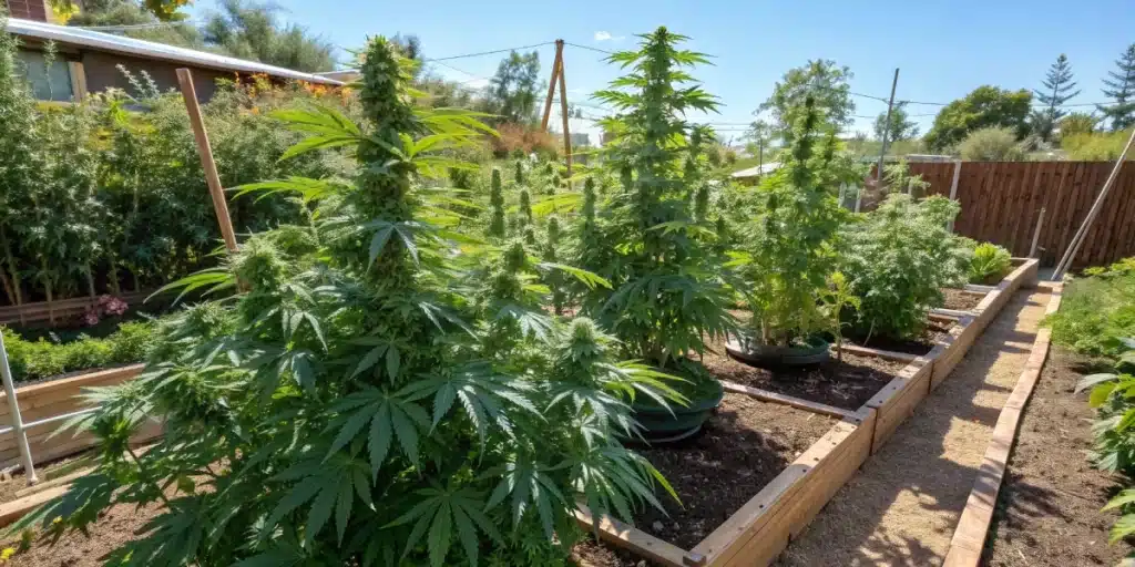 Bruce Banner 3 FV cannabis plants flourishing in an outdoor garden, with large green leaves, dense buds, and a natural sunlit environment