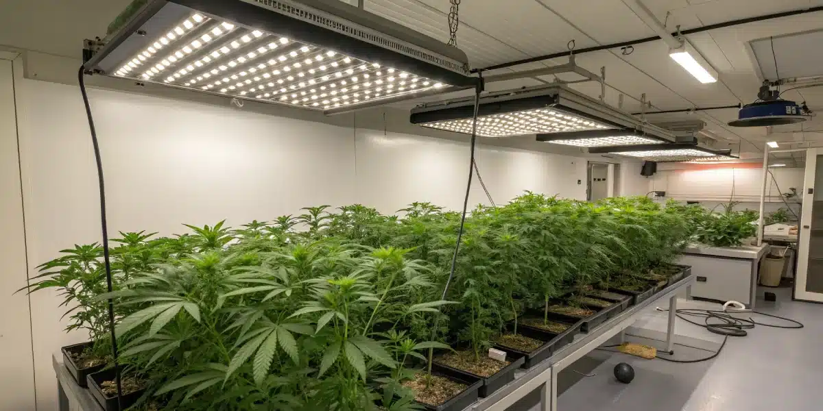 Bruce Banner Carmen cannabis plants growing indoors under high-intensity LED lights, with healthy green foliage in a hydroponic setup
