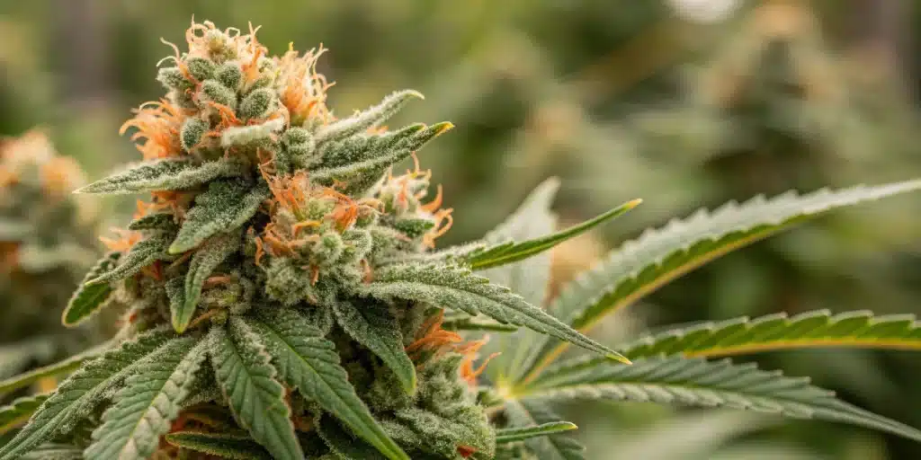 Cheese Cream CBD cannabis plant in full bloom, covered in trichomes with vibrant orange pistils and dense, resinous buds