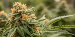 Cheese Cream CBD cannabis plant in full bloom, covered in trichomes with vibrant orange pistils and dense, resinous buds