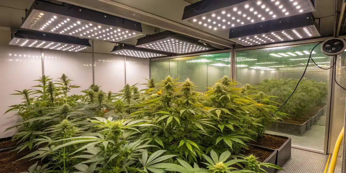 Thriving Chocolate Fondue Weed Strain plants in a controlled indoor grow room, illuminated by high-intensity LED lights for optimal flowering