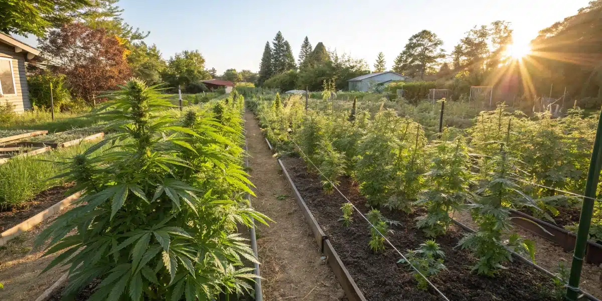 Chemdawg 4 CBD cannabis plants growing outdoors in a raised garden bed, surrounded by lush greenery and bathed in warm sunset light