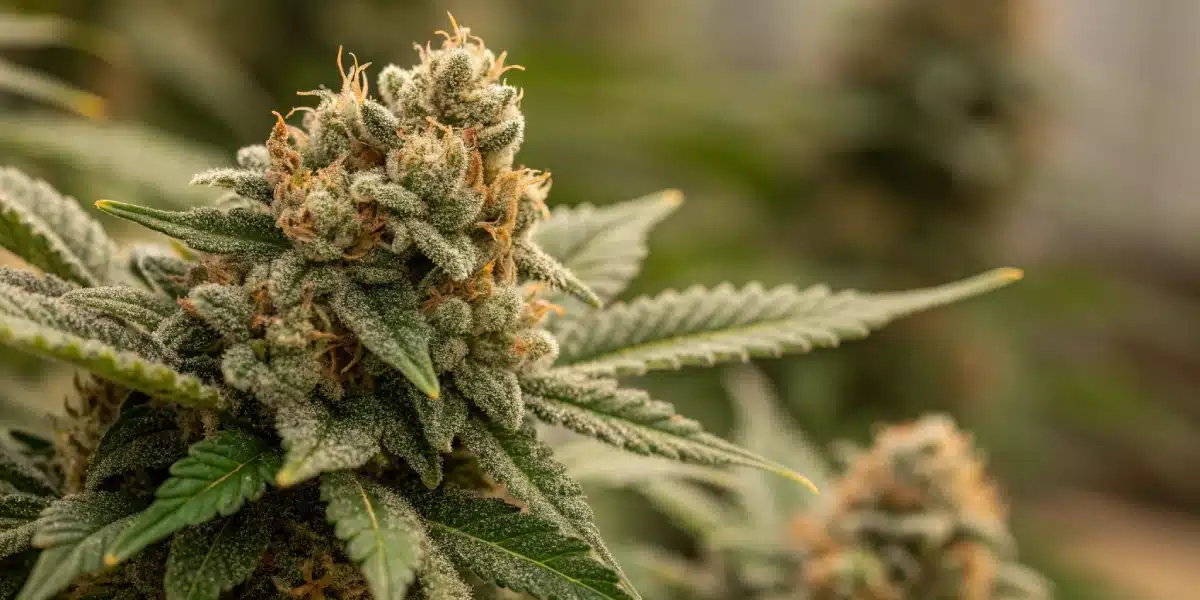 Dense Jack Herer CBD cannabis buds covered in trichomes, showcasing resinous flowers with green leaves in a controlled growing environment