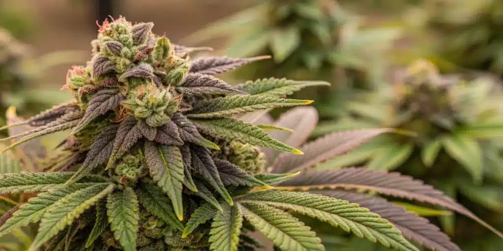 Dense Kush CBD cannabis bud with deep purple and green leaves, covered in frosty trichomes, showcasing resin-rich flower structure