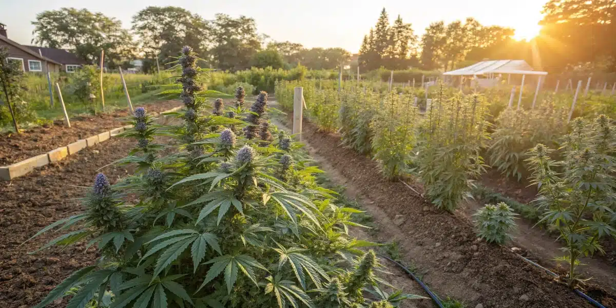 Outdoor cannabis farm with healthy Blue Haze plants, featuring tall stalks, dense buds, and a golden sunset illuminating the landscape.
