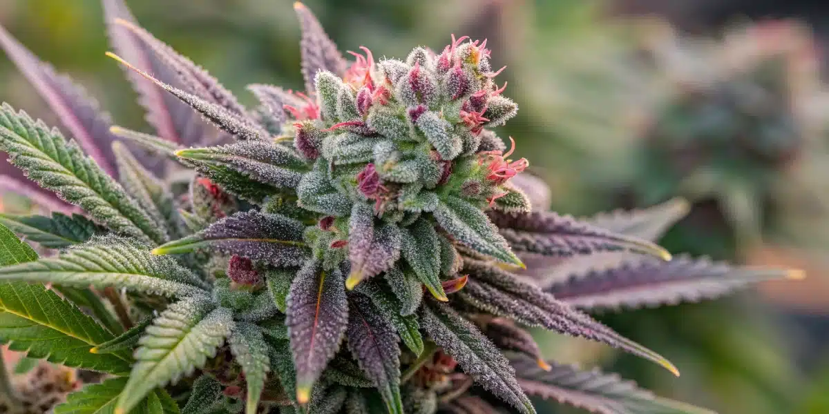 Close-up of Strain Cindy 99 cannabis bud with deep purple hues, bright orange pistils, and dense trichome coverage, highlighting its potency