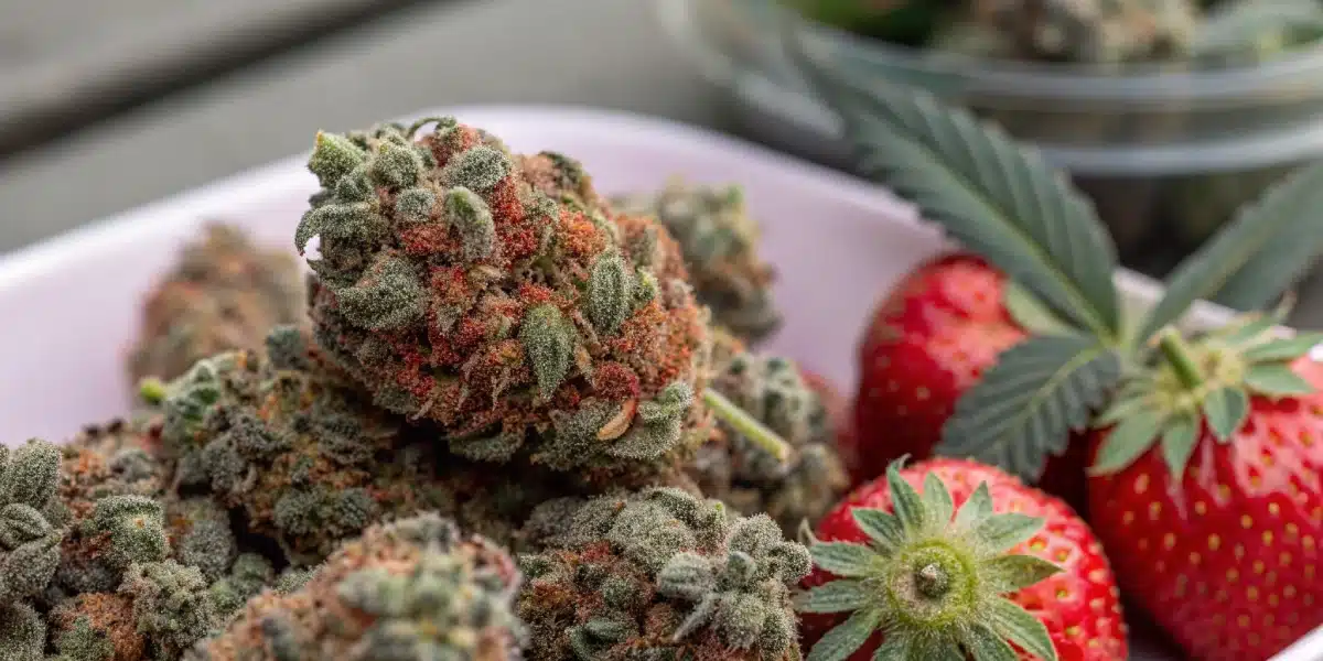 Strawberry Cake Strain CBD cannabis buds with red pistils and frosty trichomes, placed on a plate with fresh strawberries for a fruity aroma