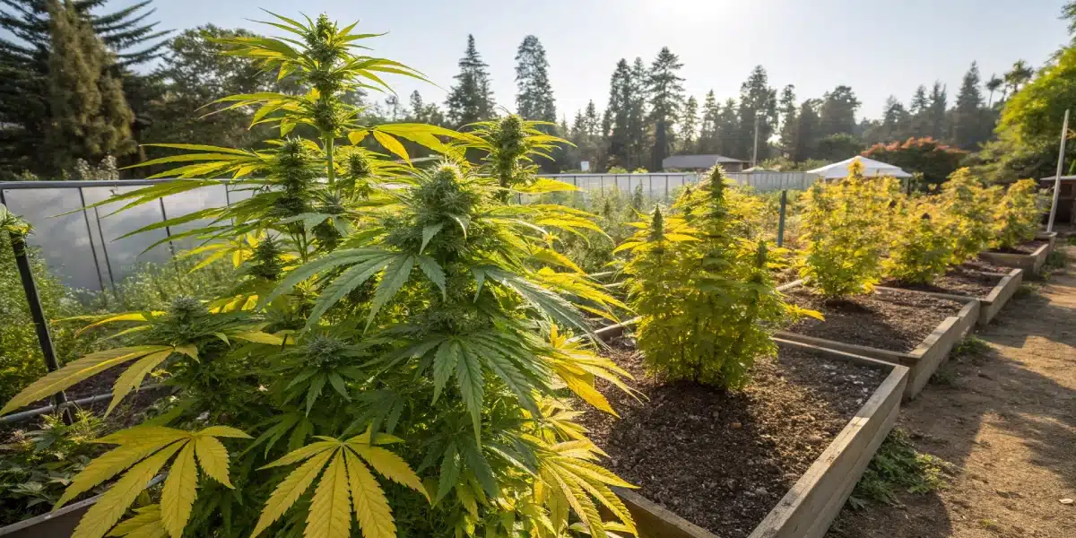 Close-up of Super Lemon Haze Strain CBD bud covered in frosty trichomes, featuring orange pistils and deep green sugar leaves