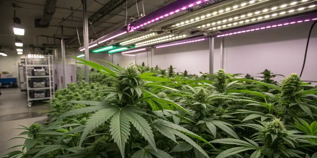 Indoor cannabis cultivation room with mature Blackberry Kush plants under LED grow lights, featuring lush green foliage and dense buds