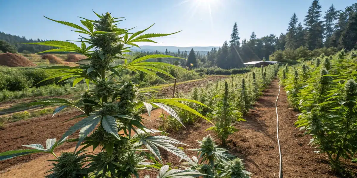 Outdoor cannabis farm with rows of tall Blue Amnesia Regular Strain plants under bright sunlight, surrounded by green hills and irrigation lines