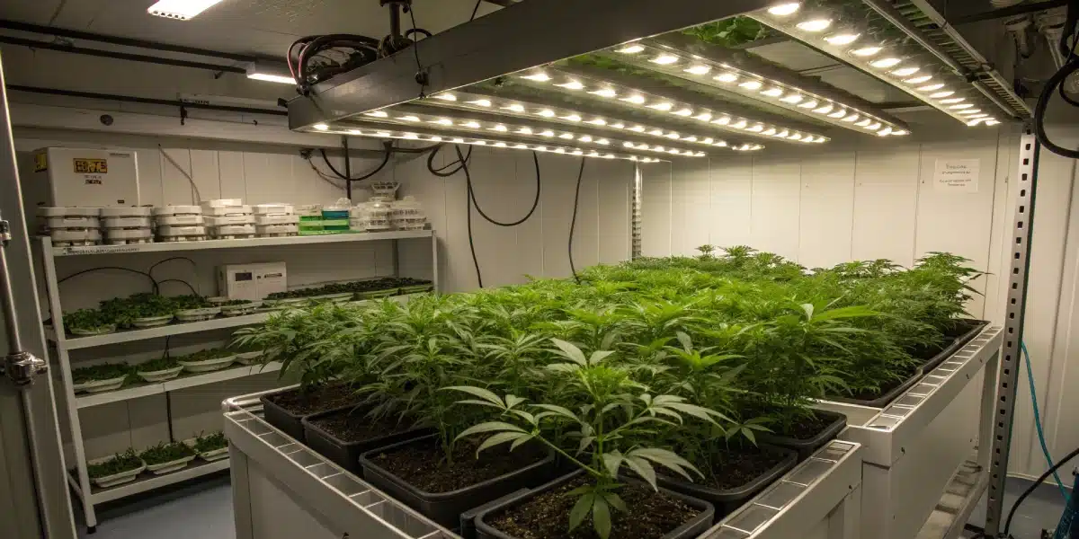 Indoor cannabis cultivation setup with Critical 47 Strain plants under LED grow lights, showing organized growth and controlled environment