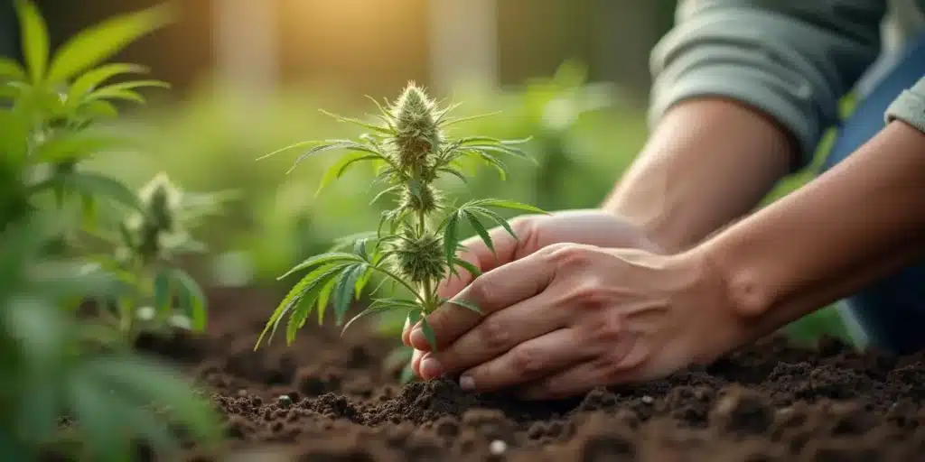 Hands planting a young cannabis plant in rich outdoor soil during sunlight.