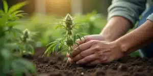 Hands planting a young cannabis plant in rich outdoor soil during sunlight.