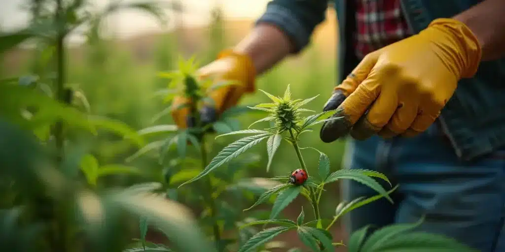 A farmer carefully inspecting a young cannabis plant outdoors at two months of growth, with a ladybug resting on its leaves.