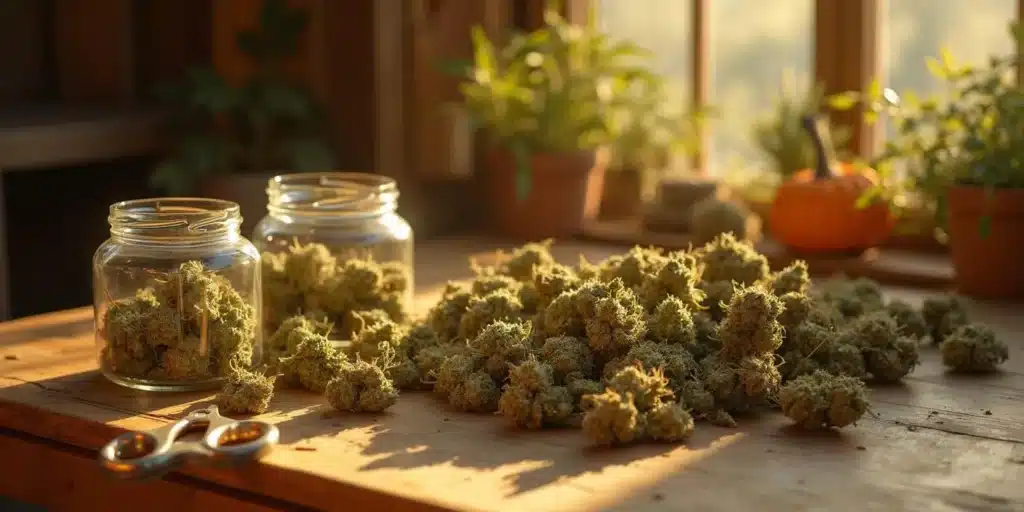 Harvested cannabis buds in jars after the outdoor growing season in Oregon. When does flowering start outdoor in Oregon? Typically, cannabis plants begin flowering in late July to early August, depending on strain and location.