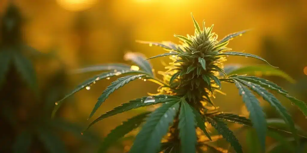 A close-up of a cannabis plant with dew on its leaves, showcasing a robust structure against mold. The best outdoor mold resistant strains develop strong trichomes and dense buds.