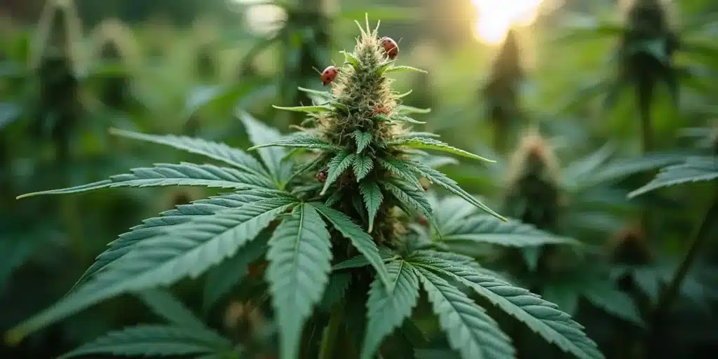 Healthy photoperiod cannabis plant with a ladybug on its dense bud, in an outdoor field under soft sunlight.