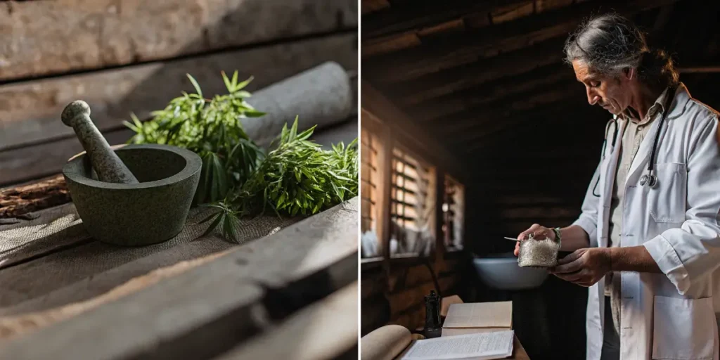 Hyper-realistic illustration showing a mortar and pestle with cannabis leaves (left), and a scientist in a lab coat examining a bottle of white powder with glowing particles in a dimly lit, rustic setting (right).
