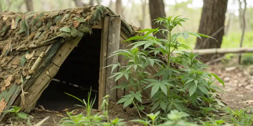 An expansive hidden cannabis garden with tall plants, a narrow path, and diverse foliage, suggesting a concealed outdoor grow.