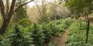 A dirt path winding through a hidden cannabis field in a wooded area, with a small building in the distance, suggesting a concealed grow.