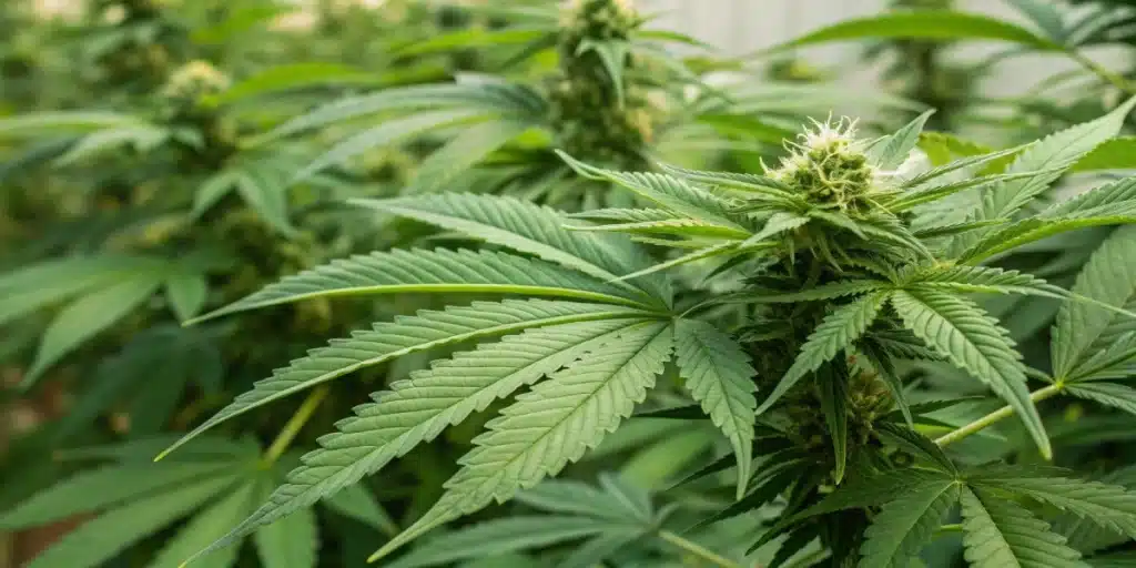 Close-up view of high-CBD cannabis strains in various growth stages, highlighting clear details of the plant structure.