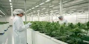 Researchers in a modern lab working on how to breed high-CBD cannabis strains with vibrant, healthy plants.