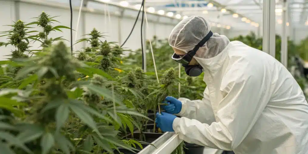 A breeder in a greenhouse demonstrating how to breed high-CBD cannabis strains through careful cross-pollination and selection.