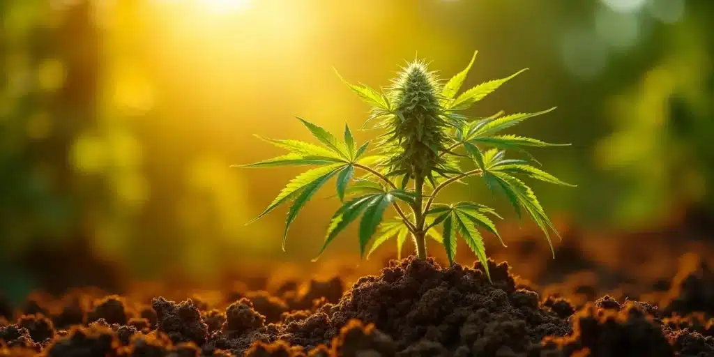 Cannabis plant in soil at sunrise showing natural interaction with endophytes.