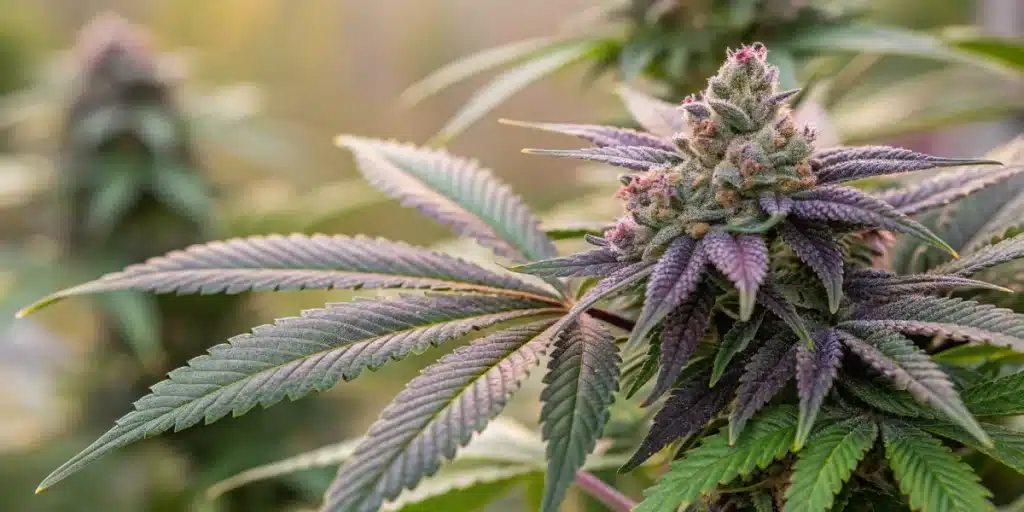 Close-up of BC God Bud Regular Strain with purple-tinged leaves and frosty trichomes, grown in an outdoor setting with natural lighting