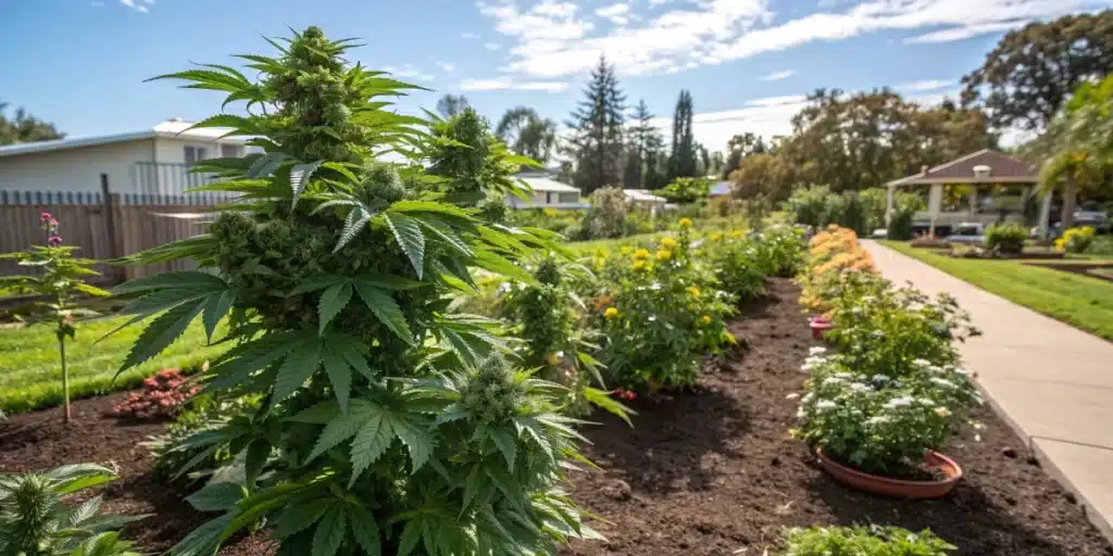 Outdoor cannabis plant with developed buds in a residential garden alongside a sidewalk and other ornamental plants.