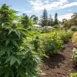 Outdoor cannabis plant with developed buds in a residential garden alongside a sidewalk and other ornamental plants.