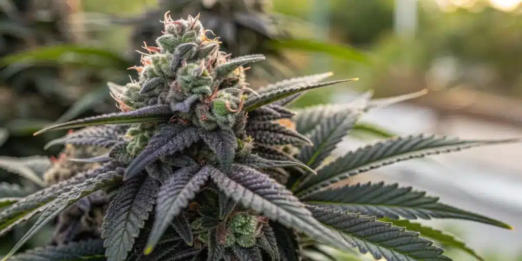 Close-up of a Black Domina Afghan Kush bud covered in dense trichomes, with dark purple leaves and vibrant orange pistils