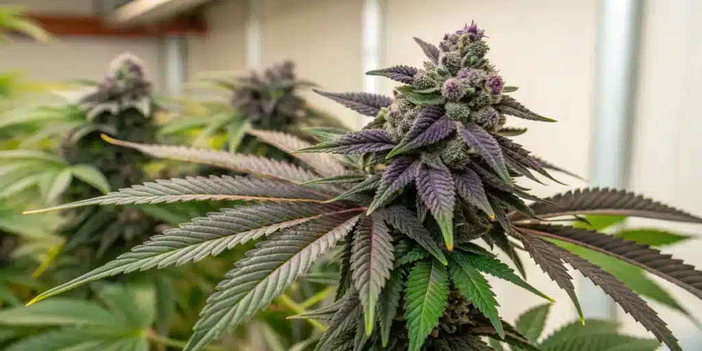 Indoor cannabis plant with dark purple buds covered in trichomes, surrounded by green and purple fan leaves under controlled lighting.