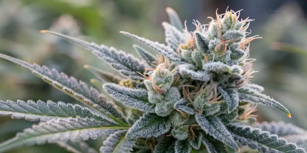 Close-up of a Blue Amnesia Regular Strain bud covered in a thick layer of frosty trichomes, with bright orange pistils and dark green leaves