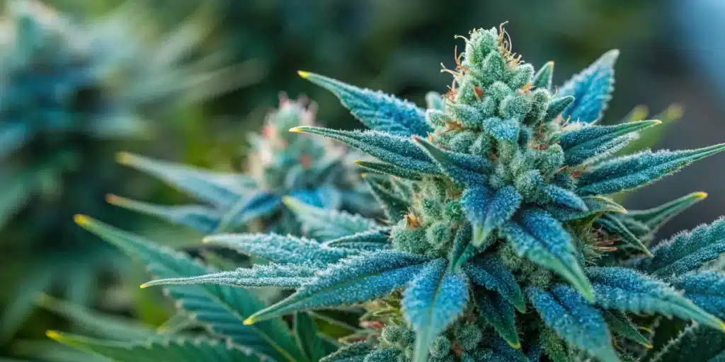 Close-up of a Blue Cookies FV bud covered in frosty trichomes, with blue-green hues and bright orange pistils in an outdoor setting.